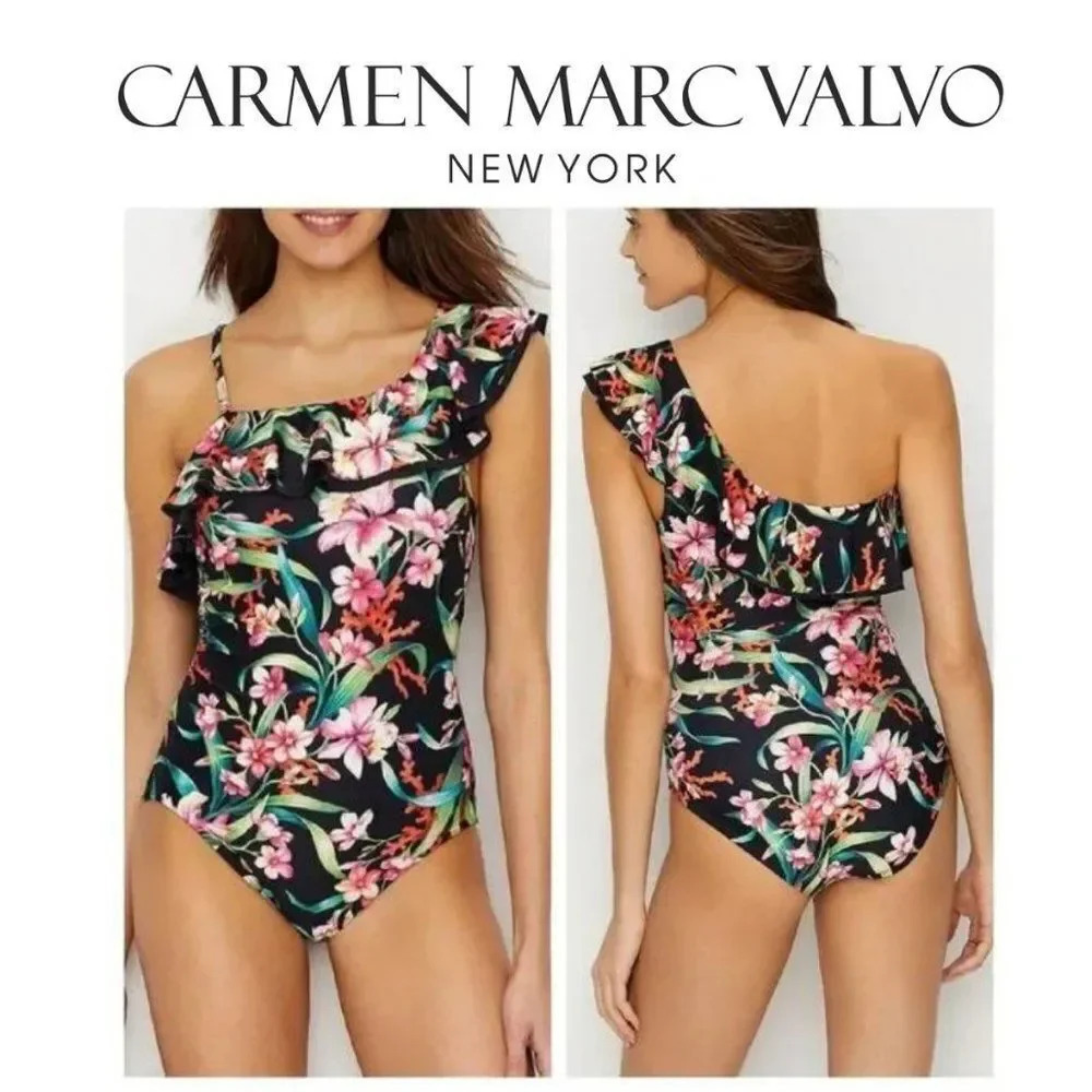 Carmen Marc Valvo Ruffled floral One-Shoulder Women's one Piece Swimsuit…